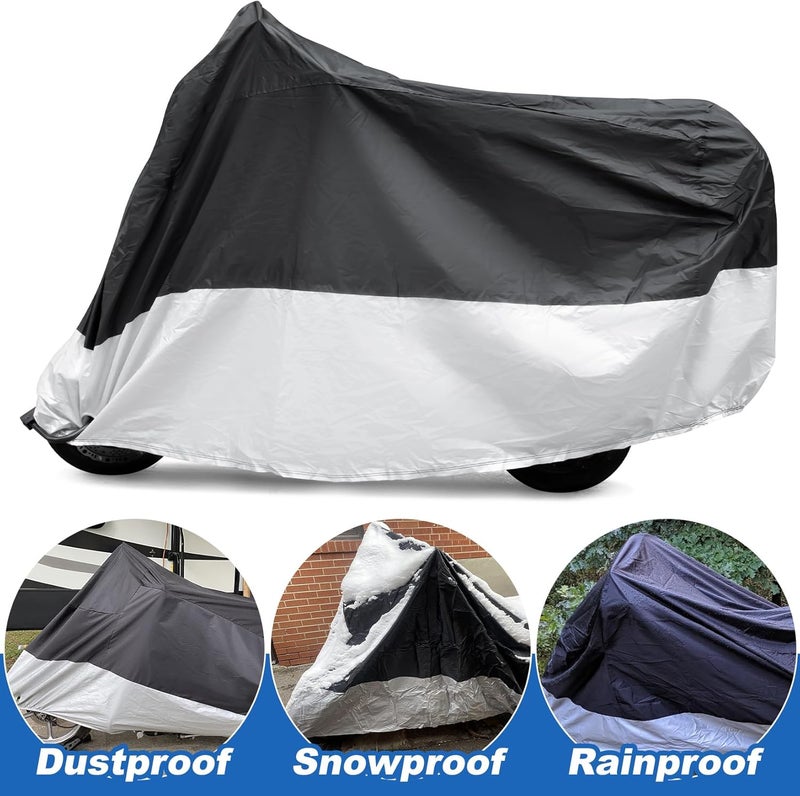 psler غطاء دراجة نارية مقاوم للماء في الهواء الطلق - غطاء دراجة نارية عالمي مقاوم للمطر والثلج مع ثقوب قفل وحقيبة تخزين للدراجات النارية الثقيلة، الموتوسيكلات، دراجات التراب، 96 × 49 × 41 بوصة، XXL - Image 5